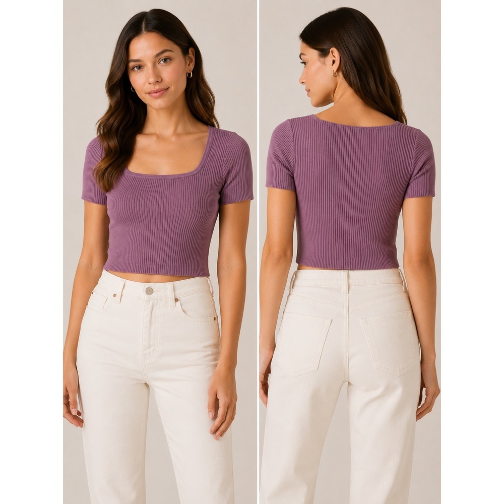 Madewell Womens S Mauve Purple Ribbed Square Neck Crop Tee Short Sleeve Fall